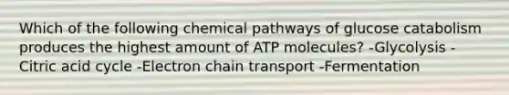 Which of the following chemical pathways of glucose catabolism produces the highest amount of ATP molecules? -Glycolysis -Citric acid cycle -Electron chain transport -Fermentation