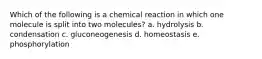 Which of the following is a chemical reaction in which one molecule is split into two molecules? a. hydrolysis b. condensation c. gluconeogenesis d. homeostasis e. phosphorylation