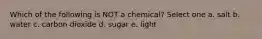 Which of the following is NOT a chemical? Select one a. salt b. water c. carbon dioxide d. sugar e. light