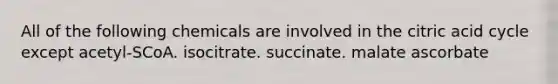 All of the following chemicals are involved in the citric acid cycle except acetyl-SCoA. isocitrate. succinate. malate ascorbate