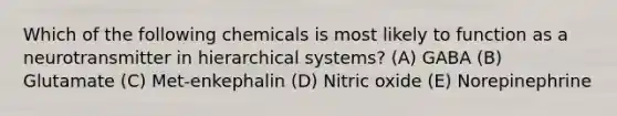 Which of the following chemicals is most likely to function as a neurotransmitter in hierarchical systems? (A) GABA (B) Glutamate (C) Met-enkephalin (D) Nitric oxide (E) Norepinephrine