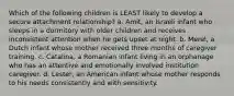 Which of the following children is LEAST likely to develop a secure attachment relationship? a. Amit, an Israeli infant who sleeps in a dormitory with older children and receives inconsistent attention when he gets upset at night. b. Merel, a Dutch infant whose mother received three months of caregiver training. c. Catalina, a Romanian infant living in an orphanage who has an attentive and emotionally involved institution caregiver. d. Lester, an American infant whose mother responds to his needs consistently and with sensitivity.