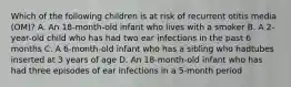 Which of the following children is at risk of recurrent otitis media (OM)? A. An 18-month-old infant who lives with a smoker B. A 2-year-old child who has had two ear infections in the past 6 months C. A 6-month-old infant who has a sibling who hadtubes inserted at 3 years of age D. An 18-month-old infant who has had three episodes of ear infections in a 5-month period