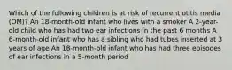 Which of the following children is at risk of recurrent otitis media (OM)? An 18-month-old infant who lives with a smoker A 2-year-old child who has had two ear infections in the past 6 months A 6-month-old infant who has a sibling who had tubes inserted at 3 years of age An 18-month-old infant who has had three episodes of ear infections in a 5-month period