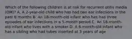 Which of the following children is at risk for recurrent otitis media (OM)? A. A 2-year-old child who has had two ear infections in the past 6 months B. An 18-month-old infant who has had three episodes of ear infections in a 5-month period C. An 18-month-old infant who lives with a smoker D. A 6-month-old infant who has a sibling who had tubes inserted at 3 years of age