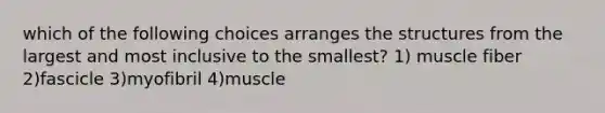 which of the following choices arranges the structures from the largest and most inclusive to the smallest? 1) muscle fiber 2)fascicle 3)myofibril 4)muscle