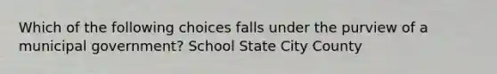 Which of the following choices falls under the purview of a municipal government? School State City County