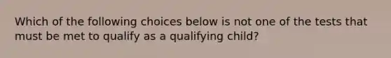 Which of the following choices below is not one of the tests that must be met to qualify as a qualifying child?