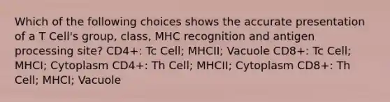 Which of the following choices shows the accurate presentation of a T Cell's group, class, MHC recognition and antigen processing site? CD4+: Tc Cell; MHCII; Vacuole CD8+: Tc Cell; MHCI; Cytoplasm CD4+: Th Cell; MHCII; Cytoplasm CD8+: Th Cell; MHCI; Vacuole