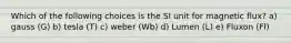 Which of the following choices is the SI unit for magnetic flux? a) gauss (G) b) tesla (T) c) weber (Wb) d) Lumen (L) e) Fluxon (Fl)
