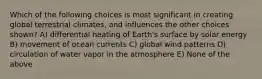 Which of the following choices is most significant in creating global terrestrial climates, and influences the other choices shown? A) differential heating of Earth's surface by solar energy B) movement of ocean currents C) global wind patterns D) circulation of water vapor in the atmosphere E) None of the above