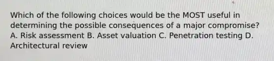 Which of the following choices would be the MOST useful in determining the possible consequences of a major compromise? A. Risk assessment B. Asset valuation C. Penetration testing D. Architectural review