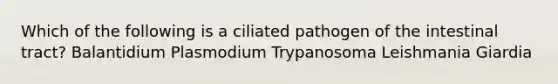 Which of the following is a ciliated pathogen of the intestinal tract? Balantidium Plasmodium Trypanosoma Leishmania Giardia