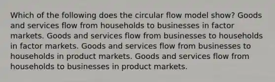 Which of the following does the circular flow model show? Goods and services flow from households to businesses in factor markets. Goods and services flow from businesses to households in factor markets. Goods and services flow from businesses to households in product markets. Goods and services flow from households to businesses in product markets.