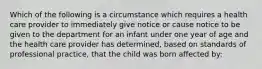 Which of the following is a circumstance which requires a health care provider to immediately give notice or cause notice to be given to the department for an infant under one year of age and the health care provider has determined, based on standards of professional practice, that the child was born affected by: