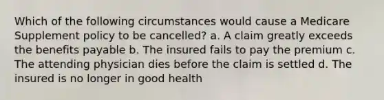 Which of the following circumstances would cause a Medicare Supplement policy to be cancelled? a. A claim greatly exceeds the benefits payable b. The insured fails to pay the premium c. The attending physician dies before the claim is settled d. The insured is no longer in good health