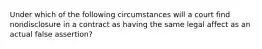 Under which of the following circumstances will a court find nondisclosure in a contract as having the same legal affect as an actual false assertion?