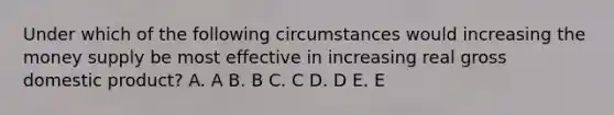 Under which of the following circumstances would increasing the money supply be most effective in increasing real gross domestic product? A. A B. B C. C D. D E. E