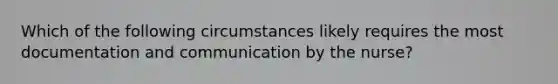 Which of the following circumstances likely requires the most documentation and communication by the nurse?