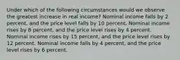 Under which of the following circumstances would we observe the greatest increase in real income? Nominal income falls by 2 percent, and the price level falls by 10 percent. Nominal income rises by 8 percent, and the price level rises by 4 percent. Nominal income rises by 15 percent, and the price level rises by 12 percent. Nominal income falls by 4 percent, and the price level rises by 6 percent.