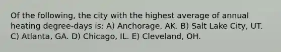 Of the following, the city with the highest average of annual heating degree-days is: A) Anchorage, AK. B) Salt Lake City, UT. C) Atlanta, GA. D) Chicago, IL. E) Cleveland, OH.