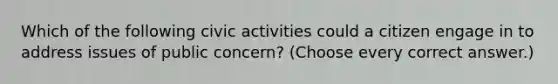 Which of the following civic activities could a citizen engage in to address issues of public concern? (Choose every correct answer.)