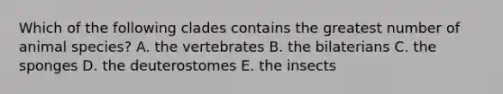 Which of the following clades contains the greatest number of animal species? A. the vertebrates B. the bilaterians C. the sponges D. the deuterostomes E. the insects