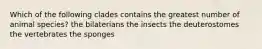 Which of the following clades contains the greatest number of animal species? the bilaterians the insects the deuterostomes the vertebrates the sponges