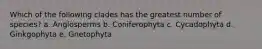 Which of the following clades has the greatest number of species? a. Angiosperms b. Coniferophyta c. Cycadophyta d. Ginkgophyta e. Gnetophyta