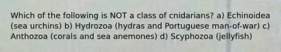 Which of the following is NOT a class of cnidarians? a) Echinoidea (sea urchins) b) Hydrozoa (hydras and Portuguese man-of-war) c) Anthozoa (corals and sea anemones) d) Scyphozoa (jellyfish)