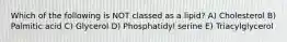 Which of the following is NOT classed as a lipid? A) Cholesterol B) Palmitic acid C) Glycerol D) Phosphatidyl serine E) Triacylglycerol