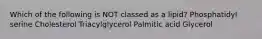 Which of the following is NOT classed as a lipid? Phosphatidyl serine Cholesterol Triacylglycerol Palmitic acid Glycerol