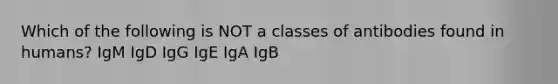 Which of the following is NOT a classes of antibodies found in humans? IgM IgD IgG IgE IgA IgB