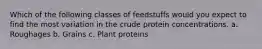 Which of the following classes of feedstuffs would you expect to find the most variation in the crude protein concentrations. a. Roughages b. Grains c. Plant proteins