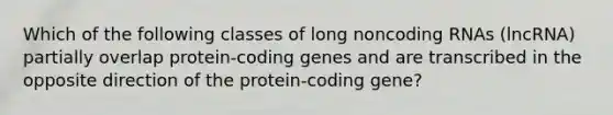 Which of the following classes of long noncoding RNAs (lncRNA) partially overlap protein-coding genes and are transcribed in the opposite direction of the protein-coding gene?