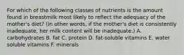 For which of the following classes of nutrients is the amount found in breastmilk most likely to reflect the adequacy of the mother's diet? (In other words, if the mother's diet is consistently inadequate, her milk content will be inadequate.) A. carbohydrates B. fat C. protein D. fat-soluble vitamins E. water soluble vitamins F. minerals