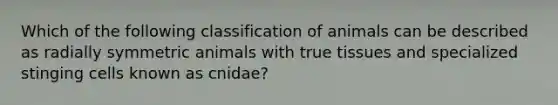 Which of the following classification of animals can be described as radially symmetric animals with true tissues and specialized stinging cells known as cnidae?