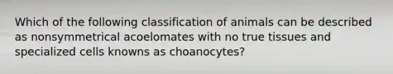 Which of the following classification of animals can be described as nonsymmetrical acoelomates with no true tissues and specialized cells knowns as choanocytes?