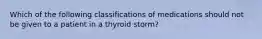 Which of the following classifications of medications should not be given to a patient in a thyroid storm?