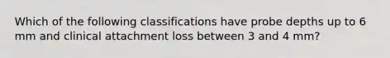 Which of the following classifications have probe depths up to 6 mm and clinical attachment loss between 3 and 4 mm?