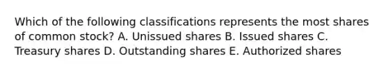 Which of the following classifications represents the most shares of common stock? A. Unissued shares B. Issued shares C. Treasury shares D. Outstanding shares E. Authorized shares