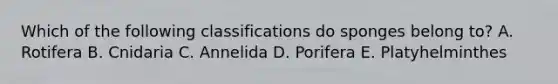 Which of the following classifications do sponges belong to? A. Rotifera B. Cnidaria C. Annelida D. Porifera E. Platyhelminthes