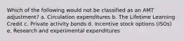 Which of the following would not be classified as an AMT adjustment? a. Circulation expenditures b. The Lifetime Learning Credit c. Private activity bonds d. Incentive stock options (ISOs) e. Research and experimental expenditures