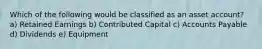 Which of the following would be classified as an asset account? a) Retained Earnings b) Contributed Capital c) Accounts Payable d) Dividends e) Equipment