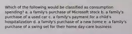 Which of the following would be classified as consumption spending? a. a family's purchase of Microsoft stock b. a family's purchase of a used car c. a family's payment for a child's hospitalization d. a family's purchase of a new home e. a family's purchase of a swing set for their home day-care business