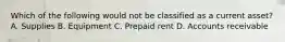 Which of the following would not be classified as a current asset? A. Supplies B. Equipment C. Prepaid rent D. Accounts receivable
