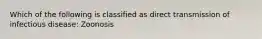 Which of the following is classified as direct transmission of infectious disease: Zoonosis