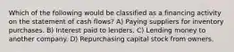 Which of the following would be classified as a financing activity on the statement of cash flows? A) Paying suppliers for inventory purchases. B) Interest paid to lenders. C) Lending money to another company. D) Repurchasing capital stock from owners.