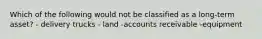 Which of the following would not be classified as a long-term asset? - delivery trucks - land -accounts receivable -equipment