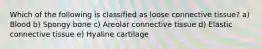 Which of the following is classified as loose connective tissue? a) Blood b) Spongy bone c) Areolar connective tissue d) Elastic connective tissue e) Hyaline cartilage